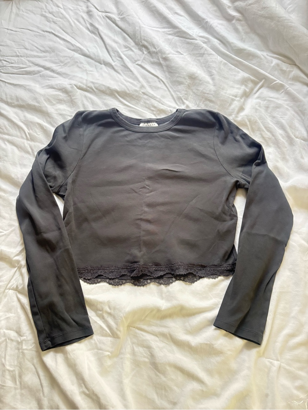 Topshop Black Long-Sleeve Lace Trim Crop Tee